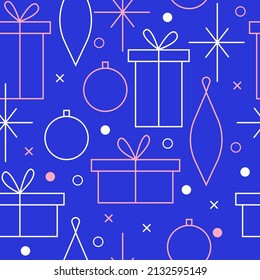Christmas seamless vector pattern. Minimalistic illustration with snowflakes and gift boxes, and Christmas tree decoration ball. Line art, north hugge aesthetic