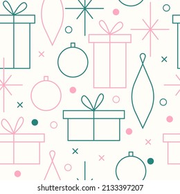 Christmas seamless vector pattern. Minimalistic illustration with snowflakes and gift boxes, and Christmas tree decoration ball. Line art, north hugge aesthetic