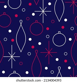 Christmas seamless vector pattern. Minimalistic illustration with snowflakes and gift boxes, and Christmas tree decoration ball. Line art, north hugge aesthetic