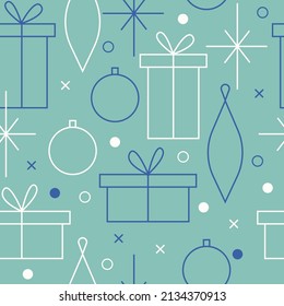 Christmas seamless vector pattern. Minimalistic illustration with snowflakes and gift boxes, and Christmas tree decoration ball. Line art, north hugge aesthetic