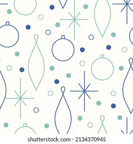 Christmas seamless vector pattern. Minimalistic illustration with snowflakes and gift boxes, and Christmas tree decoration ball. Line art, north hugge aesthetic