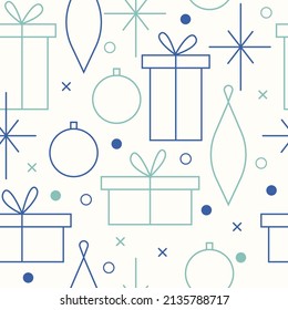 Patrón vectorial de Navidad sin fisuras. Ilustración minimalista con copos de nieve y cajas de regalo, y bola de decoración de árboles de Navidad. Arte de línea, estética de abrazo norte