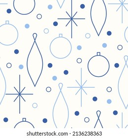 Christmas seamless vector pattern. Minimalistic illustration with snowflakes and gift boxes, and Christmas tree decoration ball. Line art, north hugge aesthetic