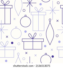 Christmas seamless vector pattern. Minimalistic illustration with snowflakes and gift boxes, and Christmas tree decoration ball. Line art, north hugge aesthetic