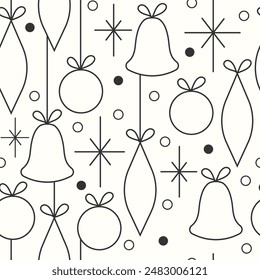 Christmas seamless vector pattern. Minimalistic Scandinavian illustration with snowflakes and Christmas tree decoration ball. Line art, north huggee aesthetic