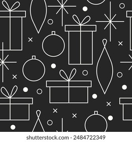 Navidades patrón de Vector sin fisuras. Ilustración escandinava minimalista con copos de nieve y bola de decoración de árbol de Navidad. Line art, estética north huggee