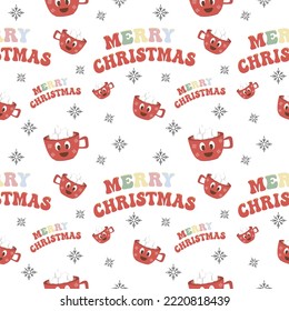 Christmas seamless vector pattern on a white background Christmas hot drink and lettering happy Christmas. Stylish retro pattern, suitable for wrapping paper, gifts, scrapbooking, web design.