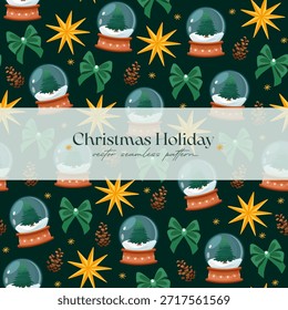 Patrón de Vector sin fisuras de Navidades sobre un fondo verde oscuro con globos de nieve, esteladas doradas dispersas, arcos verdes y piñas, elegante diseño de vacaciones de invierno para envolver papel, textiles, Fondo de pantalla, embalaje e impresiones digitales.