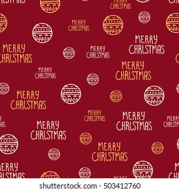 Christmas seamless vector pattern with ornaments and lettering on red background. Colorful print for textile, wallpaper, wrapping paper, packaging