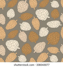 Christmas seamless vector pattern with pine cones. Hand drawn in vintage style. Background for fabric, wrapping paper, web, greeting cards and other.