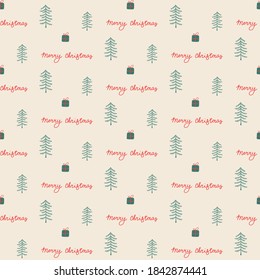 Christmas seamless vector pattern with pines, presents and Merry Christmas guote. Xmas winter poster collection. Can be used for wallpaper, pattern fills, surface textures, fabric prints.
