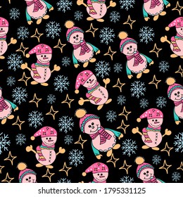 christmas seamless vector pattern pink snowmen in hats and scarves, on a black starry sky with blue snowflakes