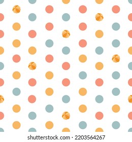 Christmas seamless vector pattern with polka dots and oranges. Retro winter holidays background. Flat style design. Vintage texture for wrapping paper, print, card, gift, fabric, textile, wallpaper.