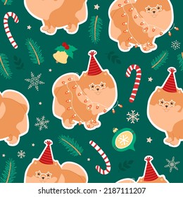 Christmas seamless vector pattern with Pomeranian dog and Christmas elements. For fabrics, wrapping paper, wallpapers.