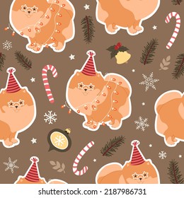 Patrón vectorial de Navidad sin fisuras con perro Pomerania y elementos de Navidad. Para tejidos, papel de envoltura, papel pintado.