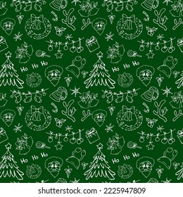 Christmas seamless vector pattern. Christmas print. Green background. Christmas tree. Napkins. Tablecloth. New Year. Festive textiles. American traditions. December. Winter.