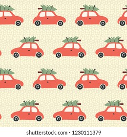 Christmas seamless Vector pattern with red car and christmas tree on the roof. Vintage holiday background with retro cars and decoration on beige. Holiday design for kids, fabric, gift wrap, greetings
