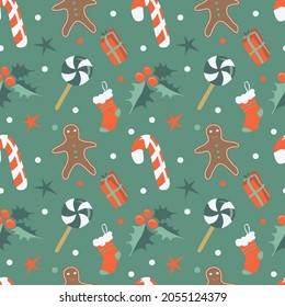 christmas seamless vector pattern in retro style with gingerbread men, holly leaves, candy canes, gifts. pattern in flat style for printing on fabric, wrapping paper