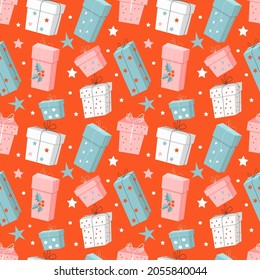 christmas seamless vector pattern in retro style with gift boxes on red background. pattern in flat style for printing on fabric, wrapping paper
