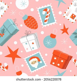 christmas seamless vector pattern in retro style with gift boxes, candy canes, holly leaves, stars, stamps, festive envelops. pattern in flat style for printing on fabric, wrapping paper