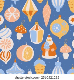 Christmas Seamless Vector Pattern With Retro Glass Toys.