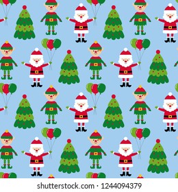 Christmas seamless vector pattern with Santa Claus, elf and Christmas tree