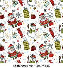 Christmas seamless vector pattern, Santa, snowman and gifts for festive packaging, bright colorful elements, red, green, blue and yellow colors