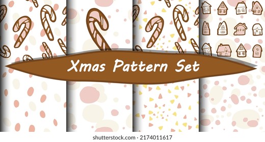 Christmas seamless vector pattern set with candy cane and gingerbread house on polka dot background