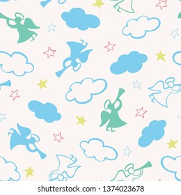 Christmas seamless vector pattern with silhouettes of angels, trumpets, stars and clouds. Surface pattern design for Christmas Holidays fabric, giftwrap, scrapooking projects or backgrounds.
