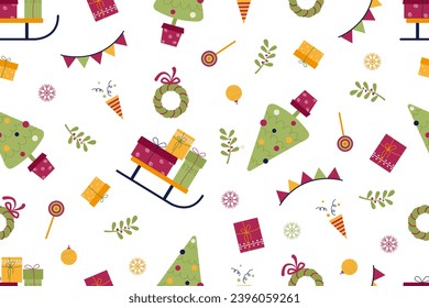 Christmas. Seamless vector pattern. Sleigh, Christmas tree, gifts, wreath on a white background.