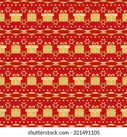 Christmas seamless vector pattern with star, dots and gift box on red background. Perfect for textile, gift cards and gift wrapping paper.