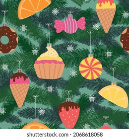 Christmas seamless vector pattern with toys. Seamless pattern for cards, wrapping papers, posters. Creative hand drawn pattern for winter holidays
