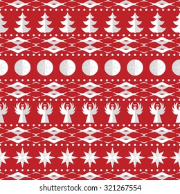 Christmas seamless vector pattern with Christmas tree , ball, angel, star, dots and abstract ornament on red background. Perfect for textile, gift cards and gift wrapping paper.