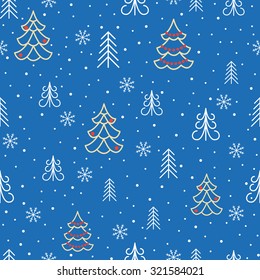Christmas seamless vector pattern with Christmas tree and snowflakes on dark blue background. Good for textile, gift cards and gift wrapping paper.