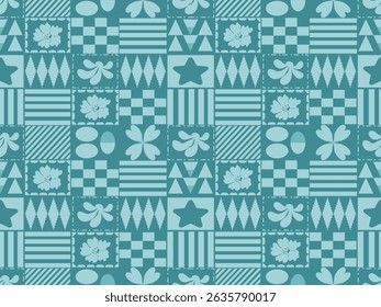 Christmas seamless vector pattern with vintage retro style town and trees illustrations. Perfect for holiday decoration and gift wrapping. , Multicolored background in blue tones.