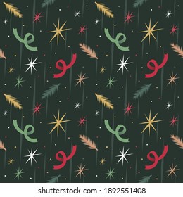 Christmas seamless vector pattern with winter decorative elements with retro vibe. Festive elements: fir trees, stars, confetti, ribbons on the navy background.