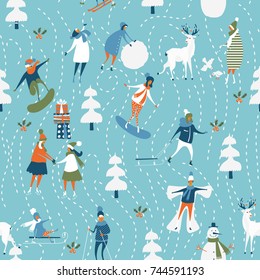 Christmas seamless vector pattern with winter games, snowman, trees, snowflakes, reindeer, kids and adults. Holiday template for wallpaper and wrapping paper in hand drawing cartoon modern style.
