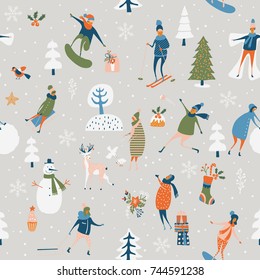 Christmas seamless vector pattern with winter games, snowman, trees, snowflakes, reindeer, kids and adults. Holiday template for wallpaper and wrapping paper in hand drawing cartoon modern style.
