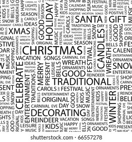 CHRISTMAS. Seamless vector pattern with word cloud. Illustration with different association terms.