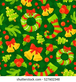 Christmas seamless vector pattern.Background with symbols holiday and icons of family celebration elements.Winter seasonal wrapping paper, wallpaper, fabric, textile, backdrop design.Vector clip art