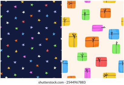 Christmas Seamless Vector Patterns. Irregular Hand Drawn Simple Starry Print. Tiny Colorful Stars on a Dark Blue Background. Colorful Gift Boxes On A Beige Background. Winter Holidays Wallpapers. RGB.