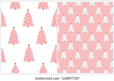Christmas Seamless Vector Patterns. Pink and WhiteChristmas Trees with Stars isolated on a Light Pink and White Background.Winter Forest Repeatable Print ideal for Wrapping Paper.Xmas Holidays Design.