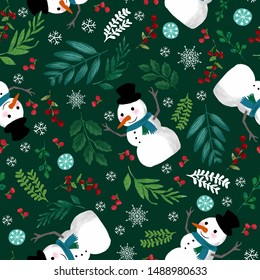 Christmas seamless vector repeat pattern. Snowman, holiday foliage, hand drawn illustration, holly berry, leaves. Great for wrapping paper, fabric and wallpapers.
