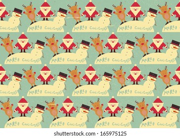 Christmas Seamless Vintage background. Signs of Christmas: Santa Claus, Snowman, Deer on retro background. Vector illustration.