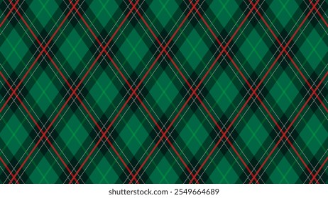 Christmas Seamless vivid geometric background for fabric, textile, men clothing, wrapping paper. Argyle vector pattern. Dark green with thin slim golden dotted line. 