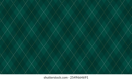 Christmas Seamless vivid geometric background for fabric, textile, men clothing, wrapping paper. Argyle vector pattern. Dark green with thin slim golden dotted line. 