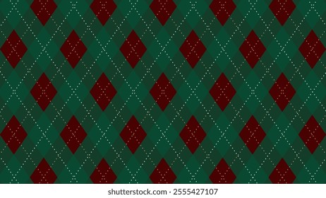 Christmas Seamless vivid geometric background for fabric, textile, men clothing, wrapping paper. Argyle vector pattern. Dark green with thin slim golden dotted line.
