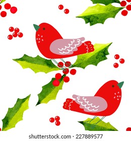 Christmas seamless watercolor background. Birds  on  tree branch. 