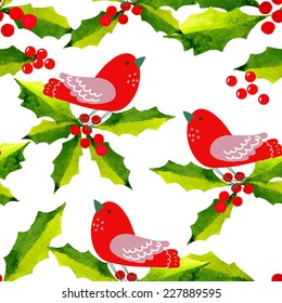 Christmas seamless watercolor background. Birds  on  tree branch. 