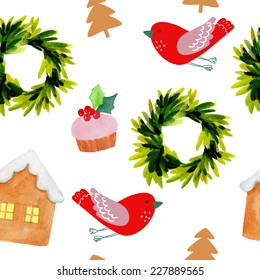 Christmas seamless watercolor background. Seamless pattern with fantasy birds. 